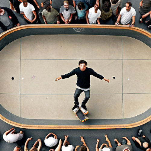 Home 4 **Bird's-eye view of a skateboarder performing a trick, showing the surrounding environment and audience.**