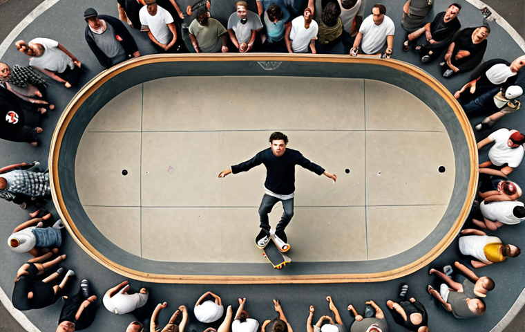 **Bird's-eye view of a skateboarder performing a trick, showing the surrounding environment and audience.**