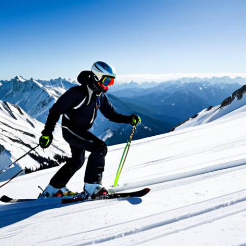 Home 21 A professional adult skier, fully clothed in a modest, high-performance ski suit and helmet, gracefully executing a controlled turn on a pristine, snow-covered mountain slope. The image focuses on the lower body, showcasing perfectly fitted ski boots and skis carving through the snow, conveying precision, comfort, and safety. The background is a vast, clear blue sky over majestic snow-capped peaks. The lighting is bright and natural, emphasizing crisp details. safe for work, appropriate content, fully clothed, professional, perfect anatomy, correct proportions, natural pose, natural body proportions.