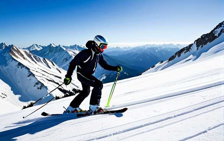 A professional adult skier, fully clothed in a modest, high-performance ski suit and helmet, gracefully executing a controlled turn on a pristine, snow-covered mountain slope. The image focuses on the lower body, showcasing perfectly fitted ski boots and skis carving through the snow, conveying precision, comfort, and safety. The background is a vast, clear blue sky over majestic snow-capped peaks. The lighting is bright and natural, emphasizing crisp details. safe for work, appropriate content, fully clothed, professional, perfect anatomy, correct proportions, natural pose, natural body proportions.