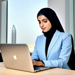 Professional Woman in Business Setting**

"A professional Arab businesswoman in a modest, tailored business suit, working on a laptop at a sleek desk in a modern office overlooking Dubai. Fully clothed, appropriate attire, safe for work, perfect anatomy, natural proportions, professional photography, high quality, family-friendly."

**