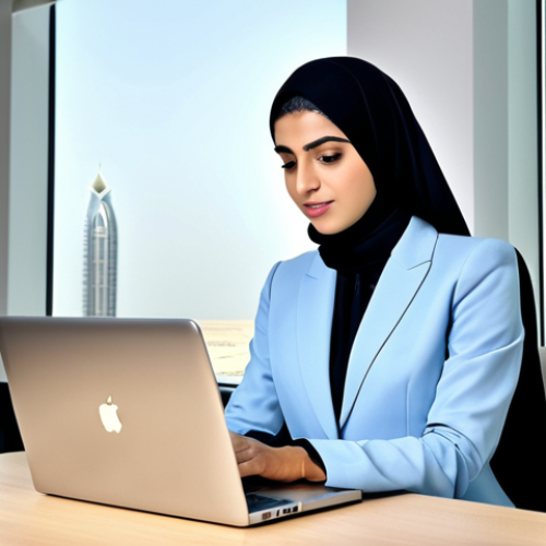 Home 20 Professional Woman in Business Setting**
"A professional Arab businesswoman in a modest, tailored business suit, working on a laptop at a sleek desk in a modern office overlooking Dubai. Fully clothed, appropriate attire, safe for work, perfect anatomy, natural proportions, professional photography, high quality, family-friendly."
**