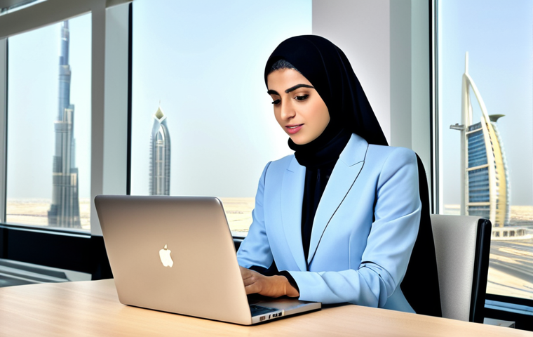 Professional Woman in Business Setting**

"A professional Arab businesswoman in a modest, tailored business suit, working on a laptop at a sleek desk in a modern office overlooking Dubai. Fully clothed, appropriate attire, safe for work, perfect anatomy, natural proportions, professional photography, high quality, family-friendly."

**