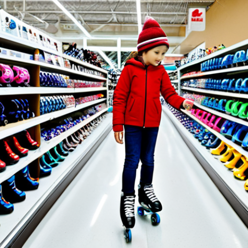 Home 11 Selecting Skates**
"A mother and child, fully clothed in casual modest attire, in a sporting goods store aisle, looking at a variety of roller skates. The child is pointing at a pair of quad skates. Safe for work, appropriate content, professional photography, well-lit, perfect anatomy, natural proportions, family-friendly scene."
**