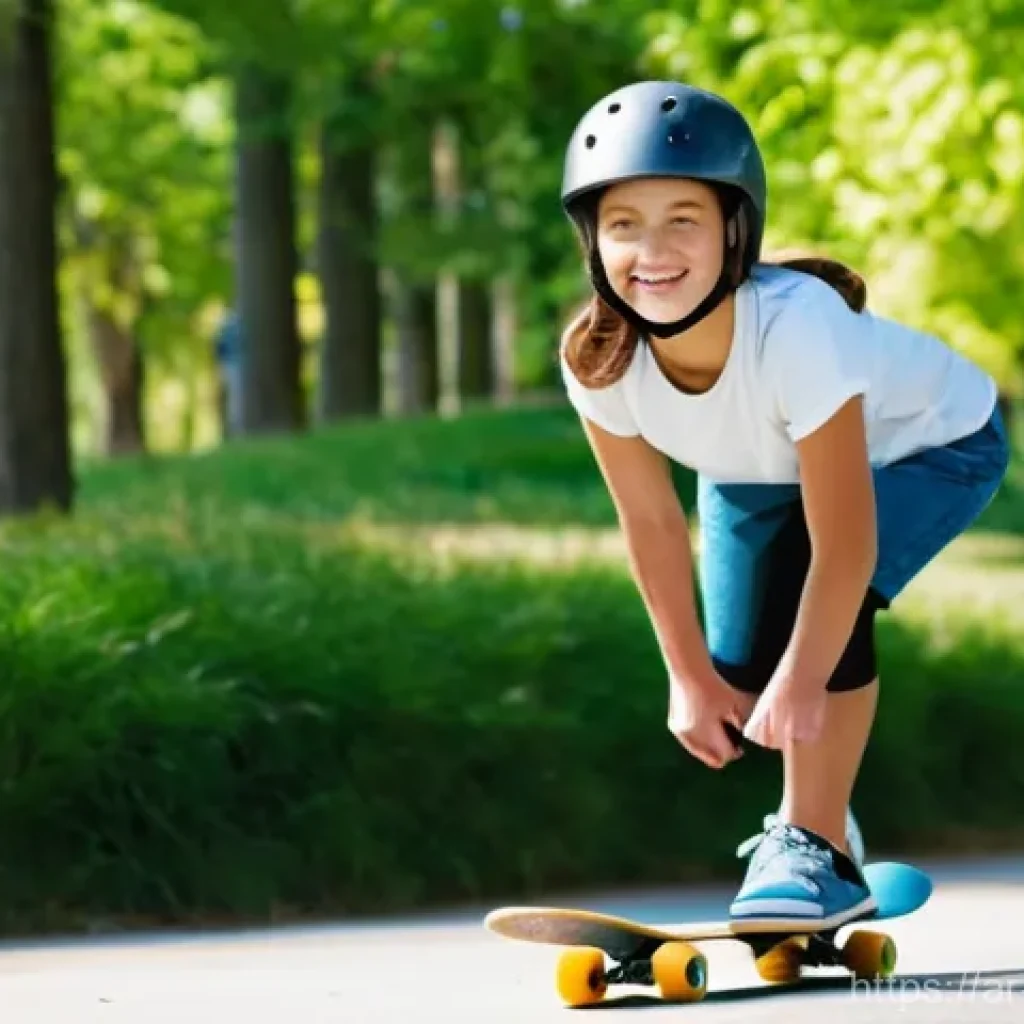 스케이트 속도 조절 요령 - **Prompt 1: Balanced Beginner on a Skateboard**
A full-shot image of a confident 16-year-old gir...