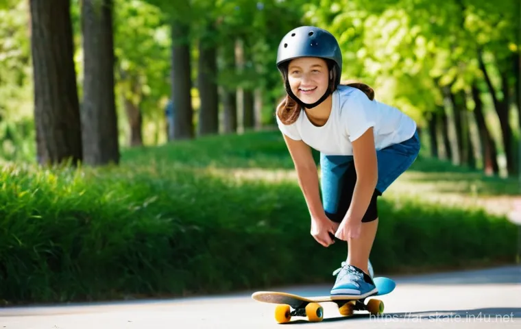 스케이트 속도 조절 요령 - **Prompt 1: Balanced Beginner on a Skateboard**
A full-shot image of a confident 16-year-old gir...