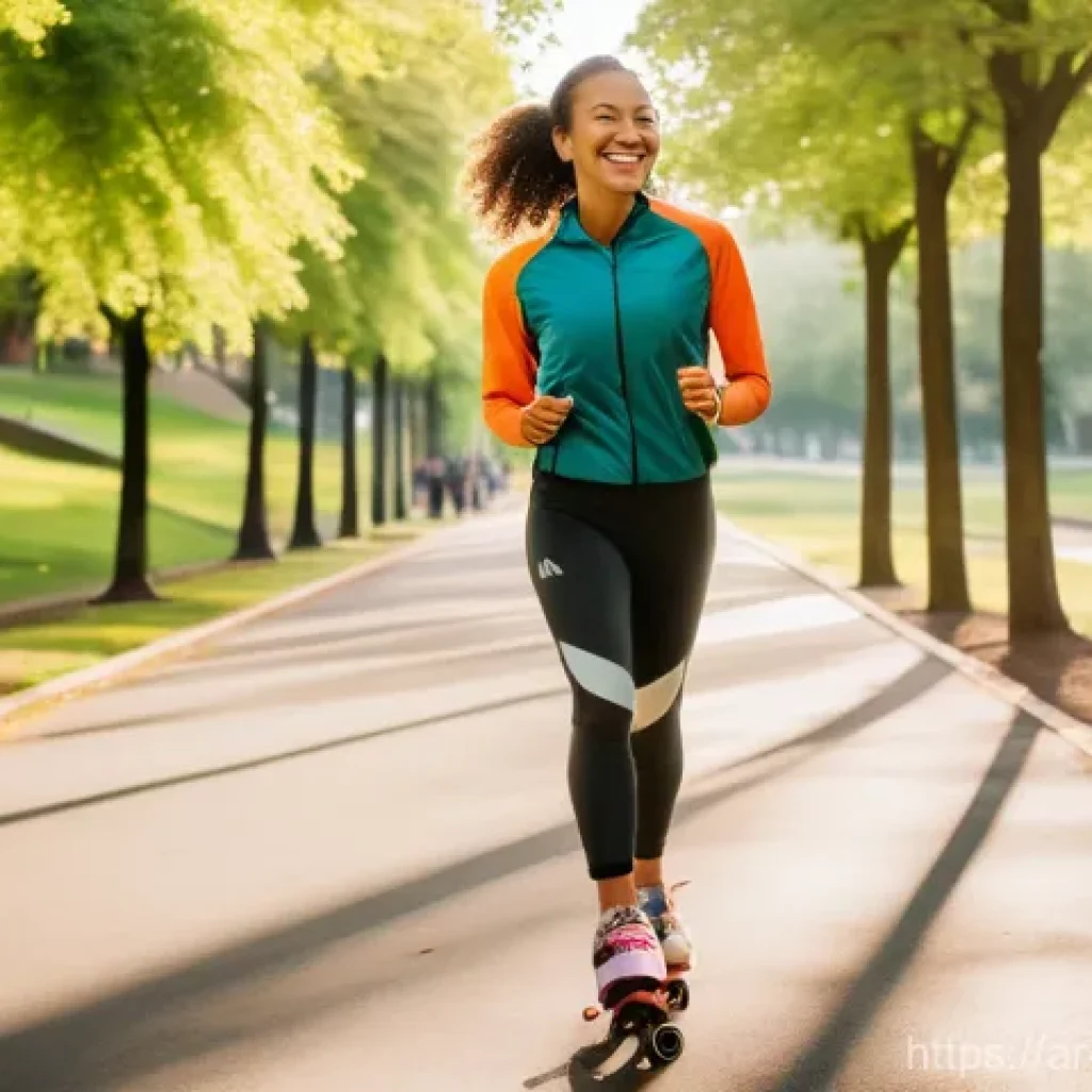스케이트로 칼로리 소모하기 - **Prompt:** A vibrant, dynamic image of a young woman rollerblading gracefully along a sun-drenched,...