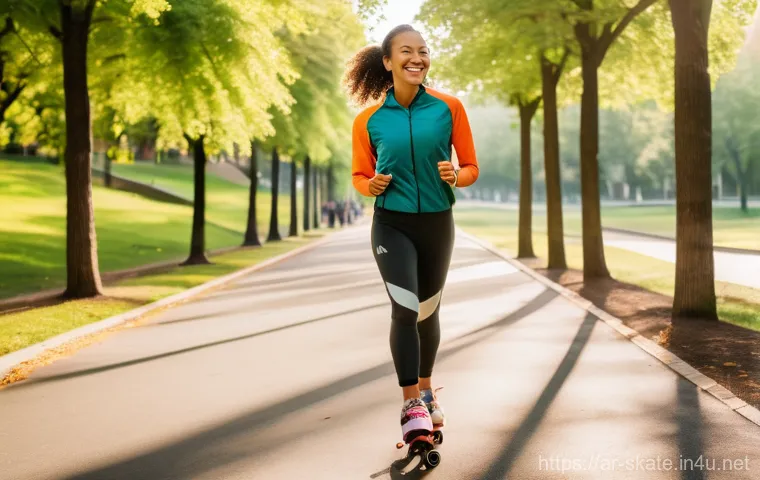 스케이트로 칼로리 소모하기 - **Prompt:** A vibrant, dynamic image of a young woman rollerblading gracefully along a sun-drenched,...