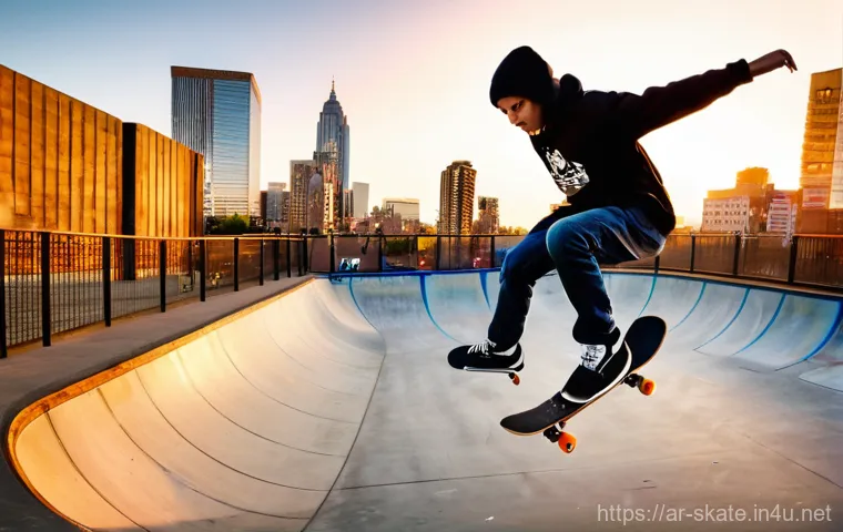 스케이트 스폰서 받는 법 - **Prompt:** A dynamic, high-angle action shot of a young adult skateboarder, gender-neutral, perform...