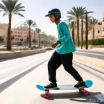 스케이트로 친환경 생활 실천 - **A Sustainable Urban Commute in an Arab City:** A young, vibrant individual, aged 18-25, is gracefu...