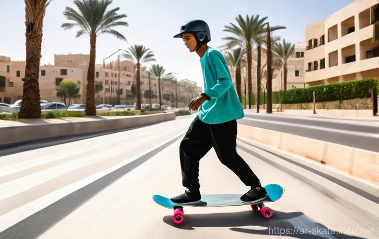 스케이트로 친환경 생활 실천 - **A Sustainable Urban Commute in an Arab City:** A young, vibrant individual, aged 18-25, is gracefu...